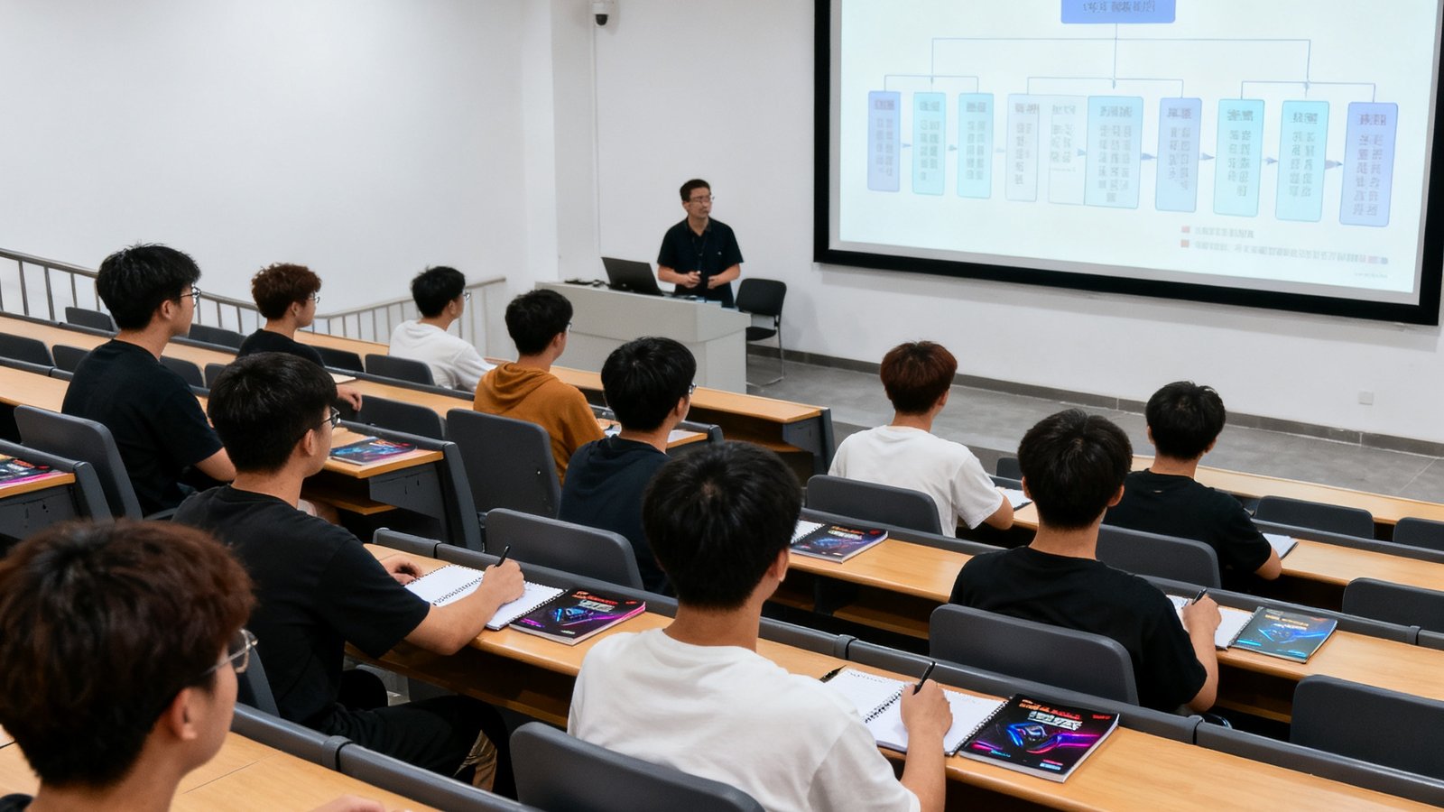 高校电竞教育课堂场景，二十多名学生坐在阶梯教室中聆听讲师授课，投影屏幕上展示着电竞产业链结构图，学生课桌上摆放着笔记本和电竞相关教材
