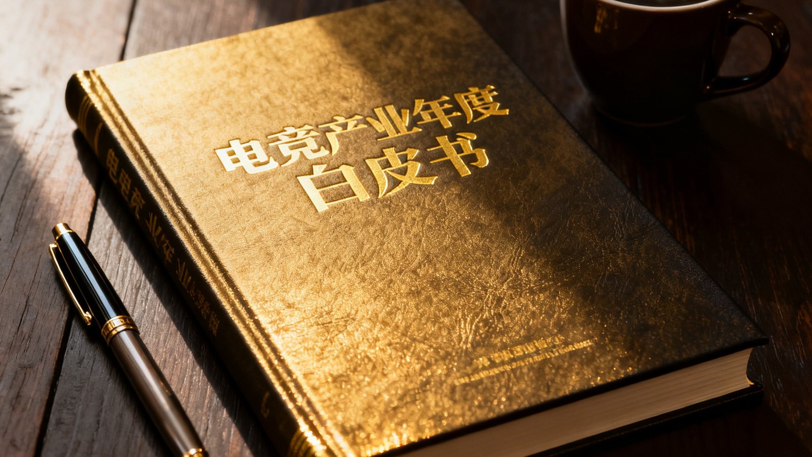 一本精装封面的电竞产业年度白皮书平放在深色木桌上，封面采用烫金字体印刷标题，旁边摆放着一支钢笔和一杯咖啡，柔和的侧光勾勒出纸张的纹理质感